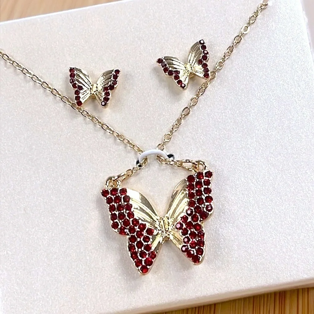Brand New Butterfly Necklace & Post Earring Set Gold Tone Red Crystal Rhinestone